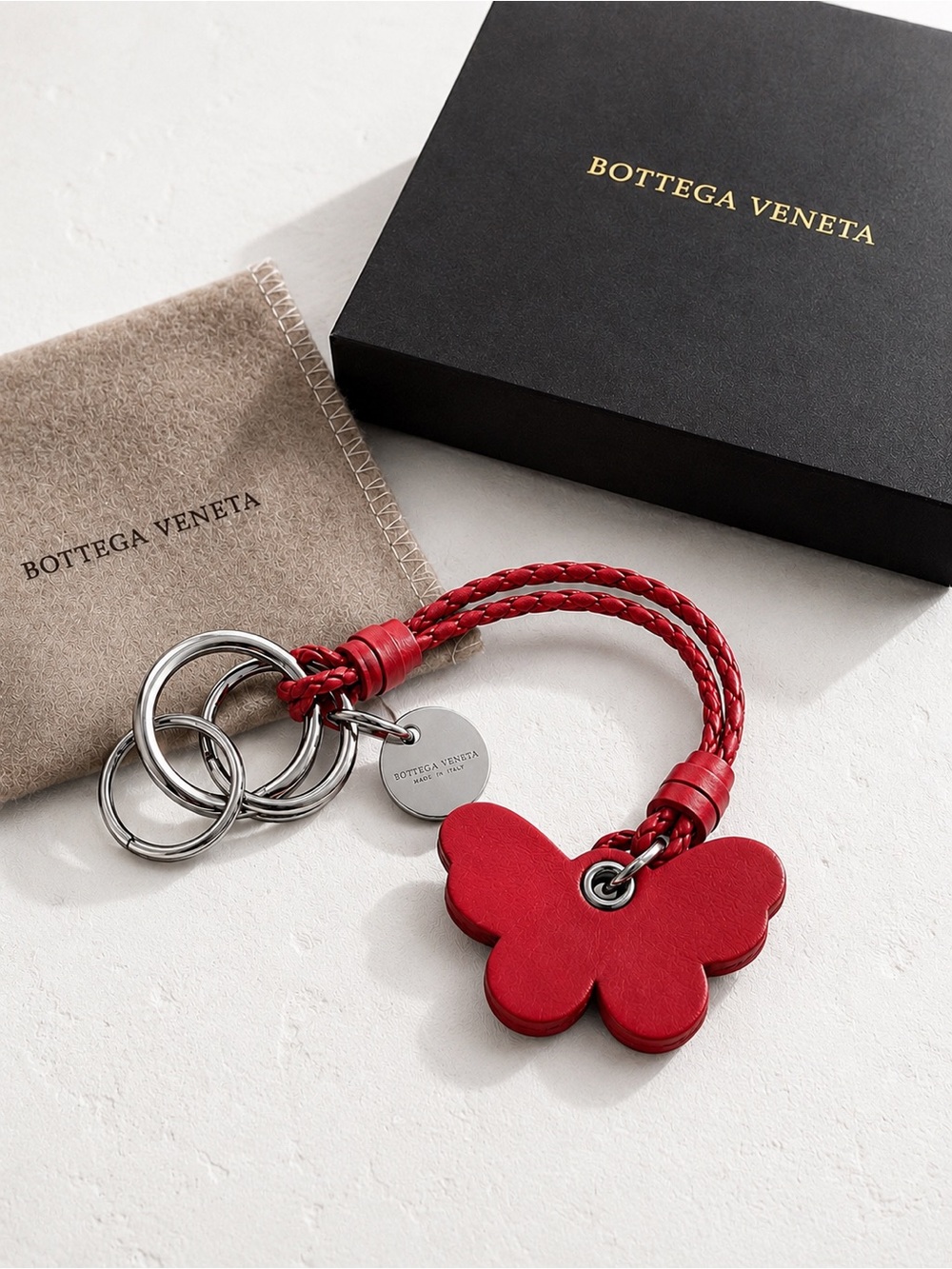 Bottega Veneta Butterfly Keyring Bag Charm Red Leather w/ Box & Dust Bag